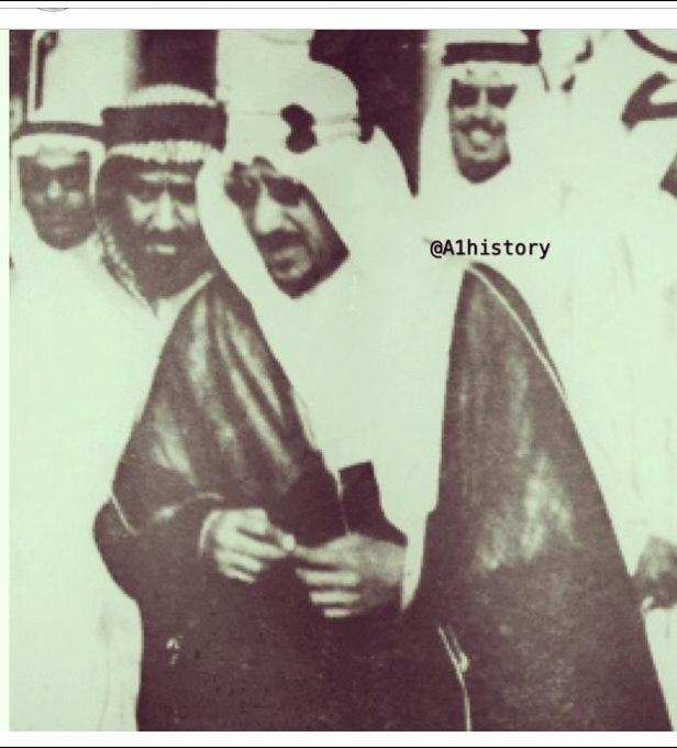 King Saud—may God have mercy on him—together with Prince Saud bin Abdullah bin Jiluwi, Governor of the Eastern Province, and Princes Faisal bin Turki and Abdulmohsen bin Sh. Saud, at the Buqayq Station in 1956.