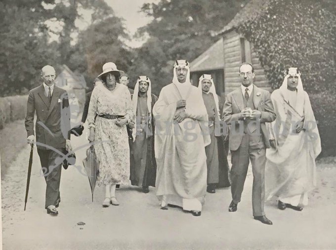 Crown Prince Saud—may God have mercy on him—visiting Lady Anne Blunt’s Crabbet Park stables in 1937, accompanied by her daughter Lady Judith Wentworth.