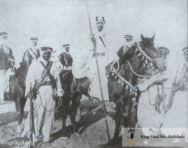 Crown Prince Saud on his horse during the war with Yemen and seen in the picture Majid bin Khethila Najran - 1934
