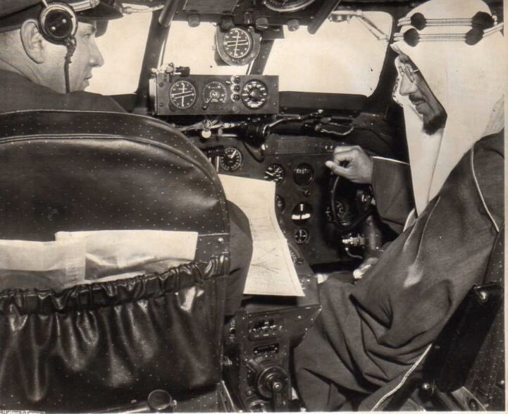 Crown Prince Saud (later King Saud), may God have mercy on him, sat in the pilot’s seat beside Captain Fred Pastorius on their flight from Washington to Chicago aboard a Constellation aircraft during his official visit to the United States in 1947, made at the invitation of President Truman