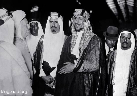 Crown Prince Saud—later King Saud—together with Prince Mohammed bin Abdulaziz and the Moroccan monarch Mawlāy Yūsuf during their visit to Britain in 1956 — may God have mercy on them all.