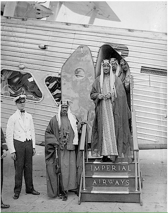 Crown Prince Saud—later King Saud—arriving in London, accompanied by Hafiz Wahba and Dr. Medhat Sheikh al‑Ard.